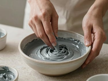 Hands mixing natural gray paint pigments in a ceramic bowl, stone workspace, soft morning light, Kinfolk style.