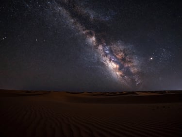 Wide panoramic view of the Milky Way arching over a desert landscape, rich dark tones, starlight, deep contrast, fine art astrophotography