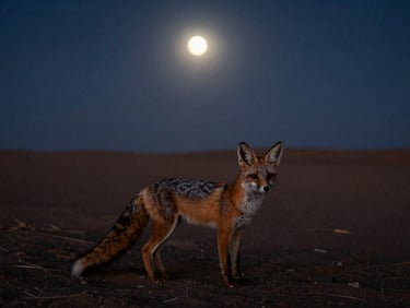Solitary desert fox against a vast, stark landscape at twilight, telephoto close-up, natural low-light, fine art wildlife photography, deep contrast