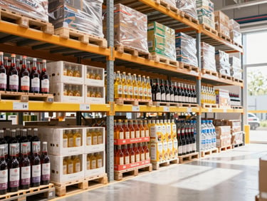 An organized, bright, modern warehouse interior with clean shelves and temperature-controlled beverage pallets, daylight.