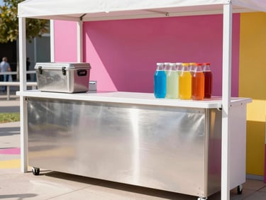 Vibrant outdoor event beverage bar under bright natural sunlight, modern clean setup with stainless steel coolers.
