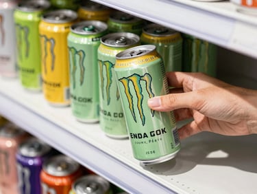 Close-up of a hand placing a modern, vibrantly designed energy drink can onto a clean retail shelf, sharp shadows.