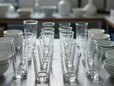 Symmetrical, neatly organized stacks of polished glassware and elegant pottery on a clean surface, bright professional lighting, gleaming reflections, pristine condition.