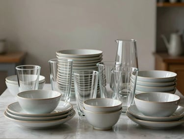 Neatly organized stacks of spotless, polished glassware and elegant catering-grade pottery on a clean surface under bright studio light.