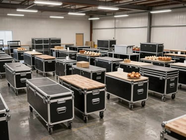 Crisp, professional warehouse interior showing immaculate, organized rows of event utility equipment and catering setups, bright clean lighting.