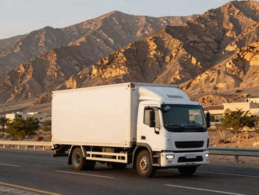 A modern white delivery truck driving on a clean open highway in Hadramout during golden hour, majestic mountains in the background.