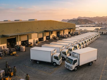 Wide panoramic shot of Al Mahdami wholesale food distribution trucks lined up outside a modern warehouse in Mukalla at sunrise, golden light reflecting on delivery vehicles, professional logistics