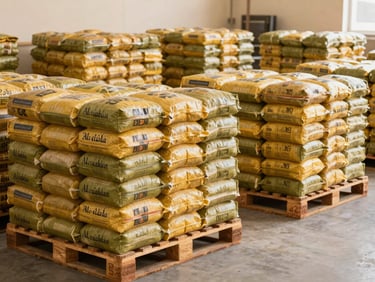 Organized pallets of Al-Radwan and Mandarin rice bags inside a spacious, clean modern warehouse in Mukalla, warm editorial daylight, medium format