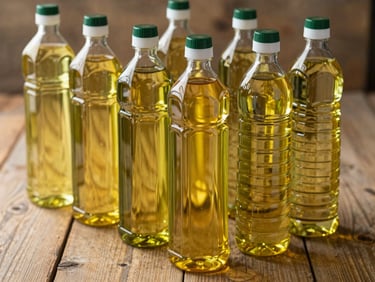 A clean commercial presentation of pure vegetable cooking oil bottles on a rustic wooden surface, soft natural daylight, olive tones.