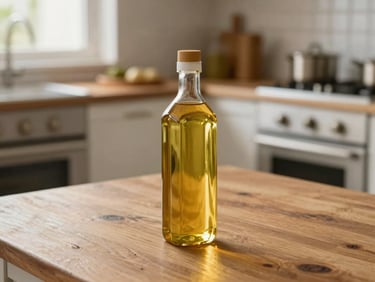 A golden bottle of pure cooking oil placed on a rustic wooden table in a brightly lit kitchen, warm daylight reflecting off the liquid.