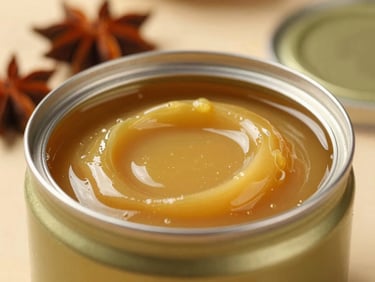 A traditional metal tin of pure cooking ghee with rich golden textures, soft focus background of spices, warm inviting lighting.