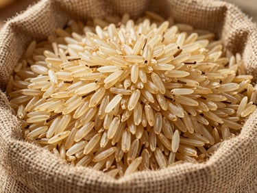 Close-up of premium long-grain basmati rice spilling from a burlap sack, warm golden-hour lighting, professional food wholesale editorial photography.