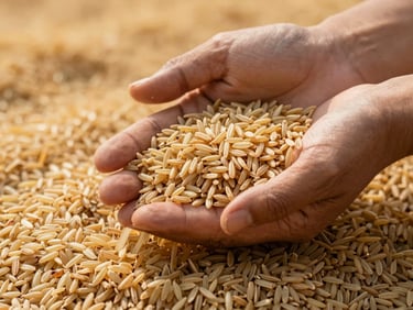 Close-up of raw premium basmati rice grains flowing through hands, warm daylight, high detail texture, agricultural abundance.