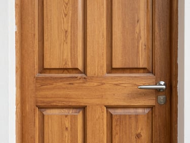 Elegant wooden door, close-up of grain and handle, natural bright daylight, sharp focus, clean architectural framing, 35mm
