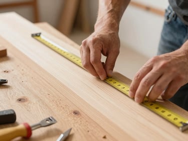 Hands of a carpenter measuring a piece of wood for a custom furniture project, natural bright daylight, sharp focus on the wood grain and tools, clean workshop background, 35mm