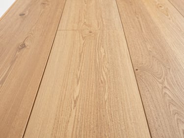 Close-up of elegant wooden floor planks being installed, showing rich wood grain, natural bright daylight, sharp focus, 35mm