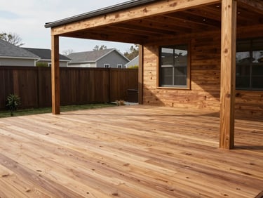 Finished wooden deck and pergola in a modern backyard, natural bright daylight, rich wood textures, sharp focus, clean architectural framing, 35mm