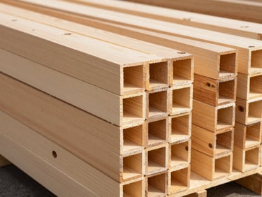 Neatly stacked structural timber beams and joists in a clean warehouse, natural bright daylight, sharp focus, clean architectural framing, 35mm