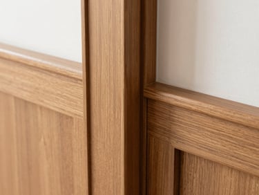 Close-up of a wooden baseboard (rodapé) and door frame (guarnição) in a modern interior, natural bright daylight, rich wood textures, sharp focus, clean architectural framing, 35mm