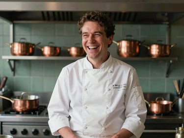 Candid shot of a chef laughing behind the pass, warm kitchen lighting, soft focus background with copper pans, natural documentary style.