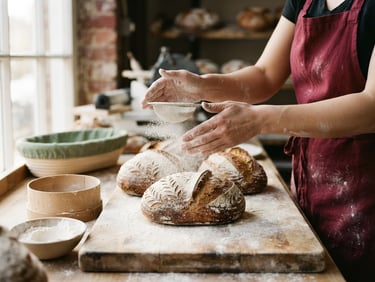 Close-up of hands dusting flour onto rustic sourdough loaves in a sunlit bakery, soft northern daylight, rich crimson tones, 35mm film.