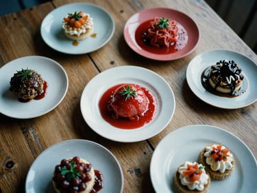 Overhead shot of a rustic wooden table with small plates of Nordic food, soft daylight, rich crimson accents, 35mm film.