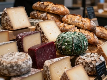 Close-up of a beautifully arranged display of fresh, artisanal cheeses and breads in a modern food market, warm natural light, rich textures, 35mm lens