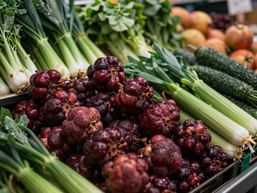 Modern food market stall with vibrant, fresh produce arranged artfully, soft ambient light, focus on textures and colors, editorial food photography, deep crimson and forest green tones, rich textures, 35mm lens
