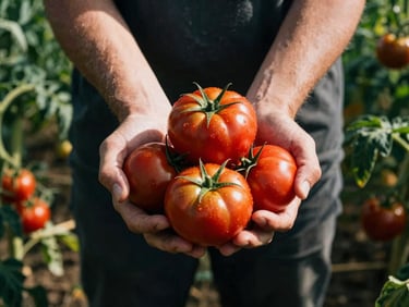 Farmer's hands gently holding freshly picked, vibrant heirloom tomatoes in a sun-drenched field, high-contrast, 35mm lens
