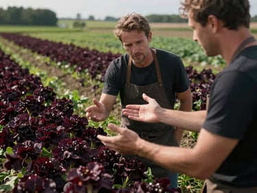 A chef and a farmer discussing produce in a sunlit field, hands gesturing, focus on connection and the land, moody lighting.