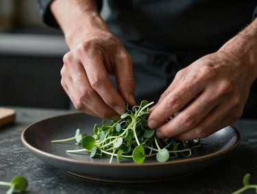 Chef's hands meticulously garnishing a plate with microgreens in a high-contrast, moody kitchen setting, natural light, 35mm lens