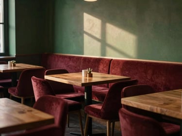 Cozy Scandinavian-style restaurant interior at golden hour, soft light on wooden tables, empty seats, inviting atmosphere, editorial food photography, moody Scandinavian daylight, deep crimson and forest green tones, rich textures, 35mm lens