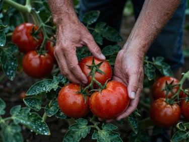 Farmer's hands gently harvesting ripe, red tomatoes in a field at dawn, dew on leaves, soft, moody light, editorial food photography, deep crimson and forest green tones, rich textures, 35mm lens