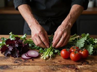 Chef's hands carefully arranging fresh, seasonal ingredients on a rustic wooden table, prepping for a new menu, moody Scandinavian daylight, high contrast, 35mm lens.