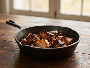 A robust roasted main dish served hot in a cast iron skillet on a dark wood table, low-angle golden hour light, warm tones