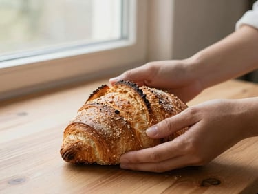 Hands sharing a freshly baked loaf of sourdough bread over a wooden table, soft morning window light, warm editorial food photography
