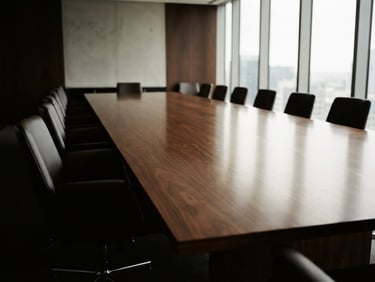 An empty luxury boardroom table made of dark polished wood, soft natural light reflecting off the surface, minimalist background, editorial corporate style.