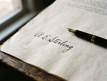 Macro close-up of a signed legal document on thick textured paper, fountain pen resting on the side, soft directional window light, desaturated warm tones.