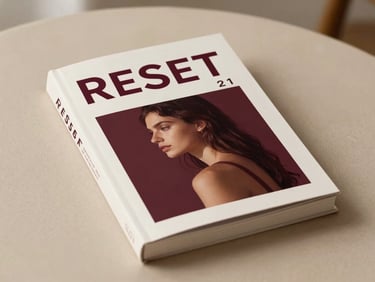 Diseño de la portada del ebook RESET 21, con colores vino y beige, estilo moderno y femenino.