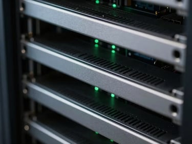 Extreme close-up of server hardware rack, clean metallic lines, faint green led indicators casting a subtle glow in a dark server room.