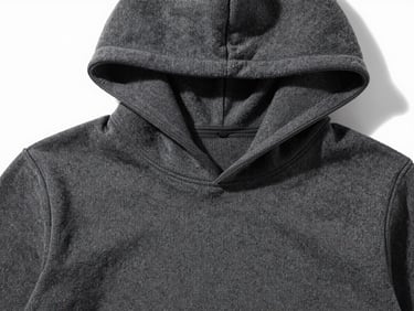 Close-up of a charcoal grey heavy cotton fleece hoodie hood, thick fabric texture, clean seam lines, high-contrast studio lighting