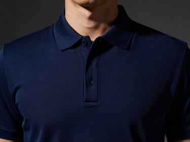 Studio product shot of a navy blue polo shirt collar and placket, structured knit texture, sharp details, dramatic side lighting