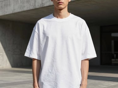 Model wearing a blank white oversized drop-shoulder t-shirt in a modern concrete architectural setting, natural dramatic shadows, 85mm lens