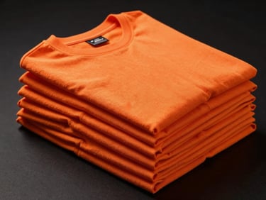 A stack of vibrant orange event t-shirts neatly folded, showing clean neck tapes and printing details, high-contrast studio setup