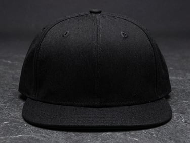 Structured black snapback cap on a dark stone surface, close-up on the front panels and brim, sharp details, industrial premium lighting