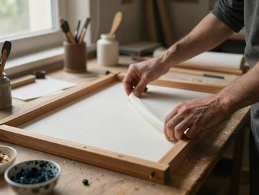 Artisan's hands stretching handmade paper over a wooden frame in a low-lit workshop, archival materials and natural pigments visible on the table, intimate detail framing, warm window light from the left