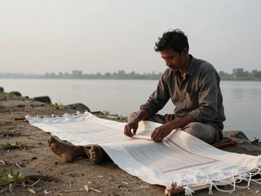 Intimate documentary frame — an artist seated on the ground beside a haor embankment, working on a large textile piece spread across their lap, overcast afternoon light, water visible in the far background, hands and textile sharp while the landscape recedes softly