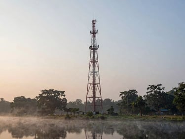 Broadcast antenna mast rising above a haor treeline at dawn, mist across the water below, warm diffuse light on the structure, wide environmental framing with low horizon and open sky above