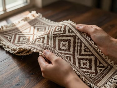 Hands holding a hand-woven textile fragment close to the frame, intricate geometric pattern visible, natural sidelight from a window casting soft shadows, warm earth tones of the fabric against a dark wooden surface