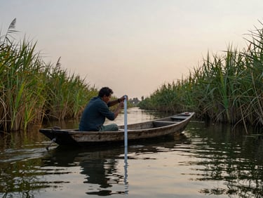 A person in a small wooden boat recording water-level measurements in a haor channel at dusk, reeds close on both sides, soft golden-grey light on still water, candid documentary framing from a slight distance